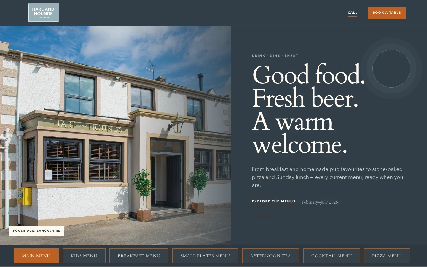 Hare & Hounds Foulridge online menu website by MadeReal