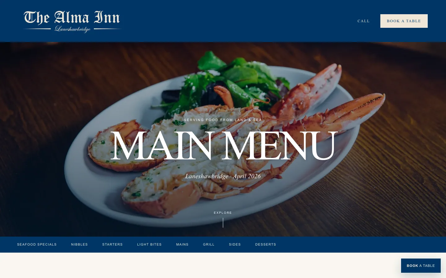 The Alma Inn online menu website by MadeReal