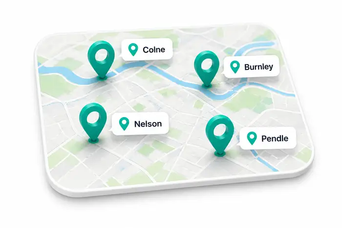 Map-style preview showing location pages for Colne, Burnley, Nelson and Pendle