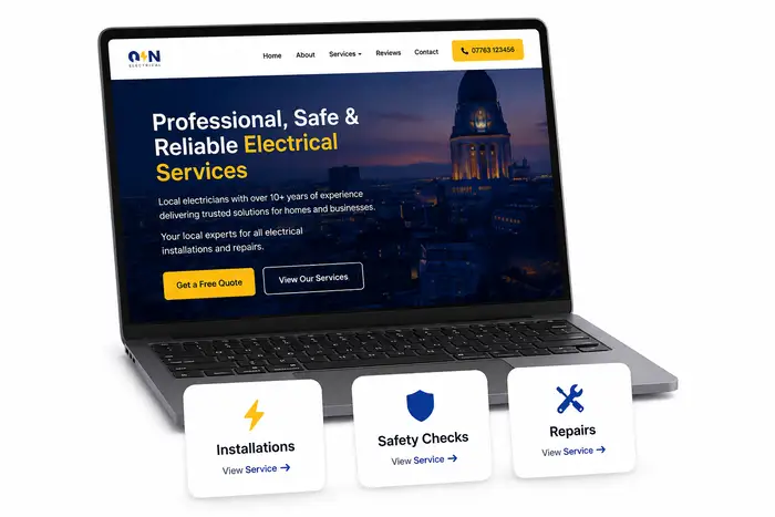 Laptop mockup showing dedicated service pages for a local business website