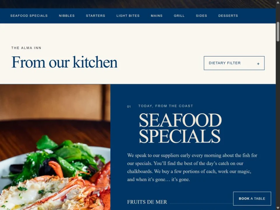 The Alma Inn menu website