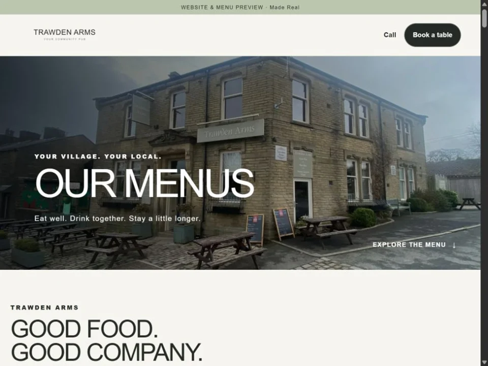 Trawden Arms menu website